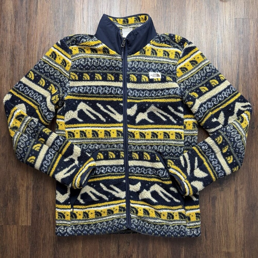The North Face Fleece Jacket Full Zip Aztec Campshire Mens Medium Yellow Blue - Picture 1 of 6